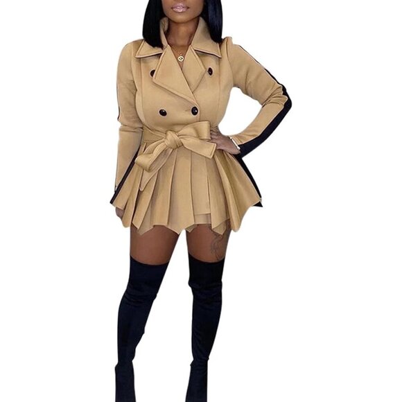 Dresses & Skirts - Women Khaki Two Tone V Neck Double Breasted Peplum Belted Blazer Mini Dress